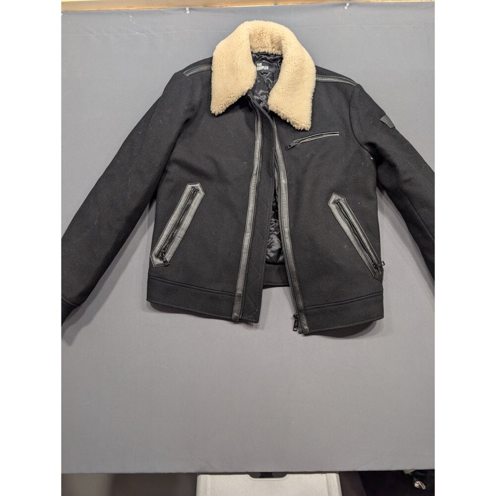 The Kooples Wool Moto Jacket Sherpa Collar Leather Trim Black Men M